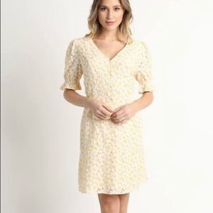 Skies are Blue Puffed Sleeve Lace A-Line Pale Yellow Midi Dress Style 9672ODL